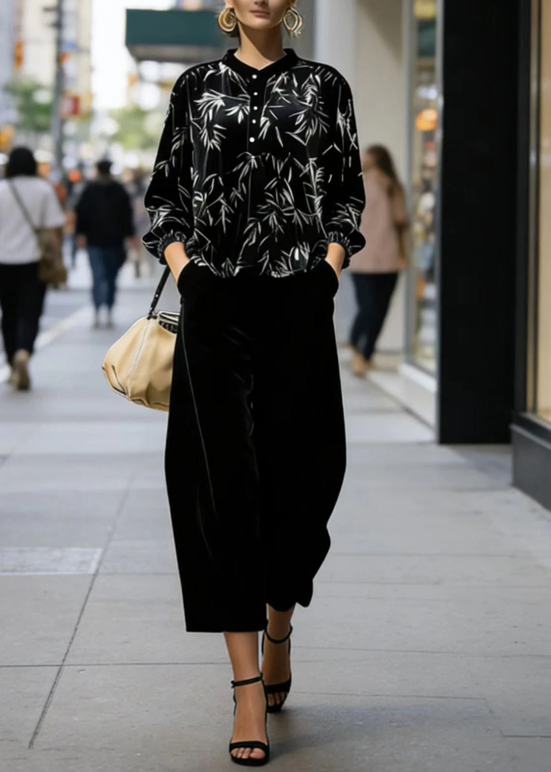 Beautiful Print Top And Pants Velvet Two Pieces Set Spring - Image 3