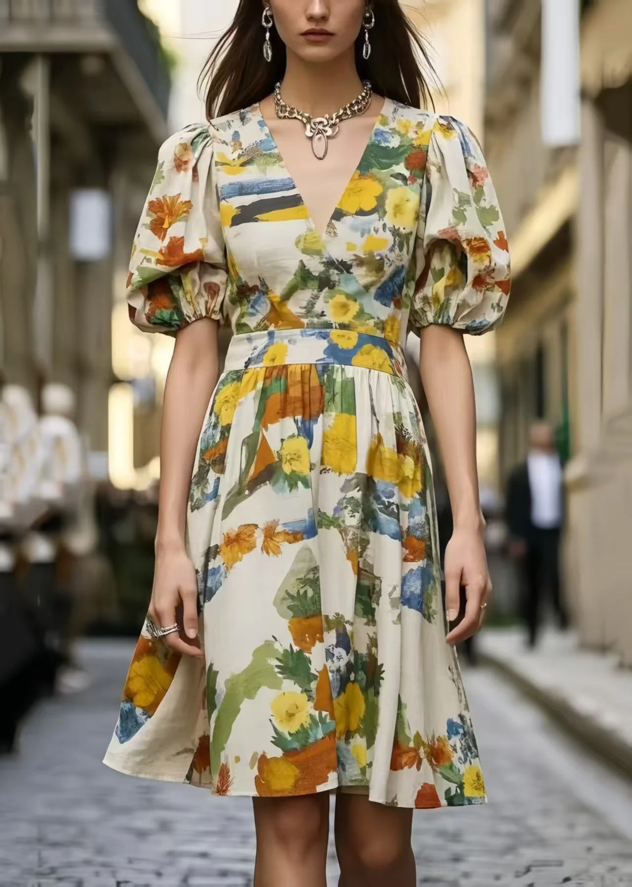 Beautiful Puff Sleeve Print Cotton Mini Dress Summer