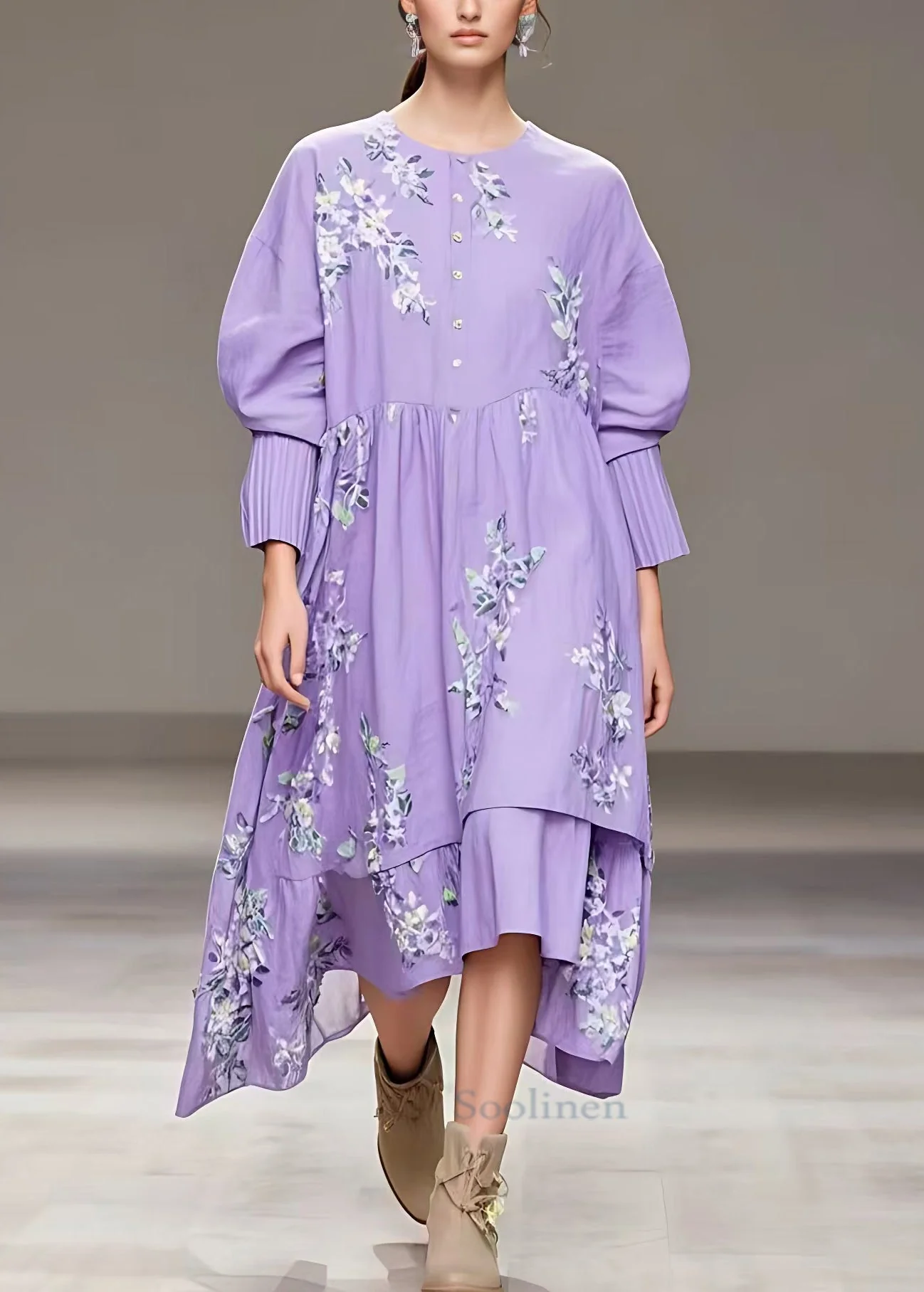 Beautiful Purple Button Print Cotton Long Dresses Fall - Image 2
