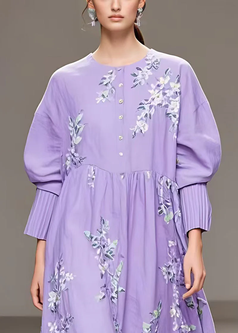Beautiful Purple Button Print Cotton Long Dresses Fall - Image 3