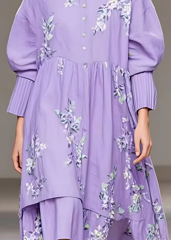 Beautiful Purple Button Print Cotton Long Dresses Fall - Image 4