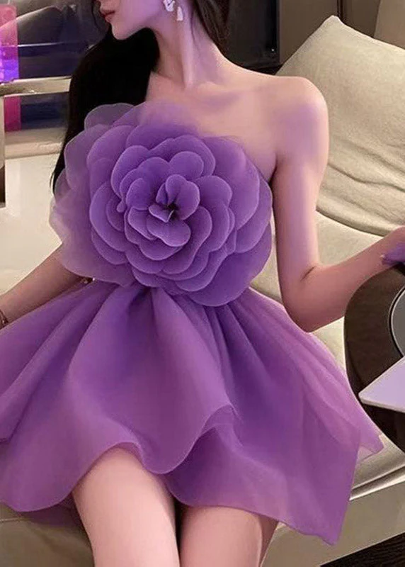 Beautiful Purple Cold Shoulder Floral Tulle Mid Dresses Summer - Image 3