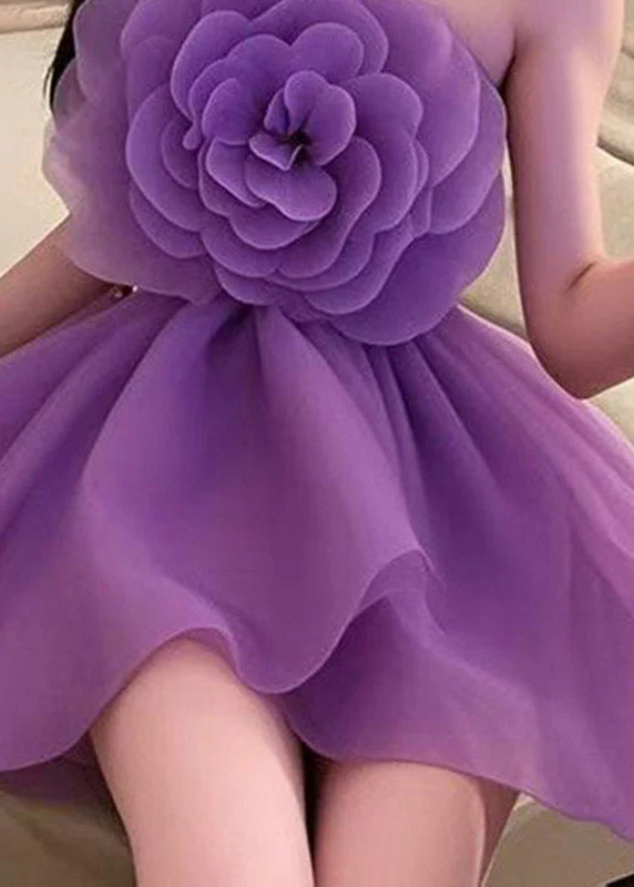 Beautiful Purple Cold Shoulder Floral Tulle Mid Dresses Summer - Image 4