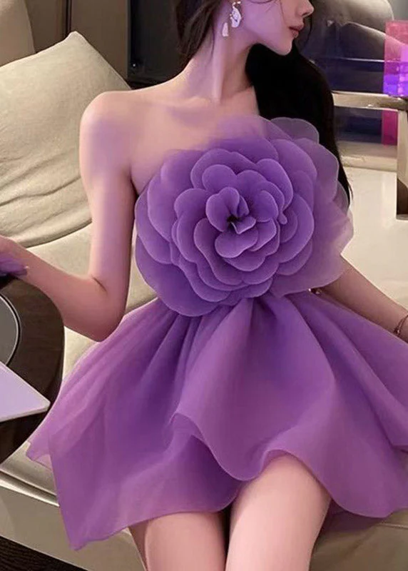 Beautiful Purple Cold Shoulder Floral Tulle Mid Dresses Summer - Image 5