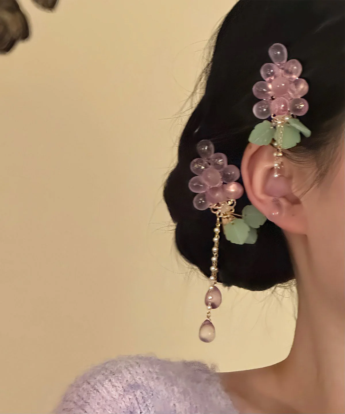 Beautiful Purple Copper Overgild Crystal Grape Pearl Colored Glaze Tassel A Pair Hairpin - Image 3