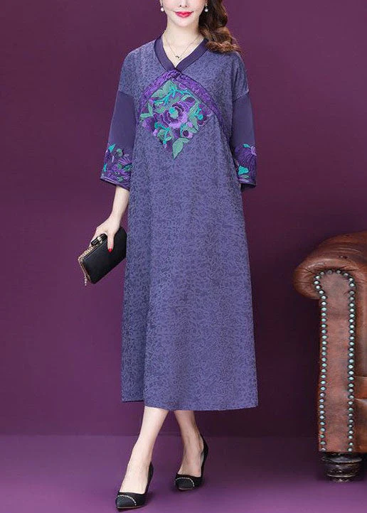 Beautiful Purple Embroideried Patchwork Silk A Line Dresses Bracelet Sleeve - Image 2