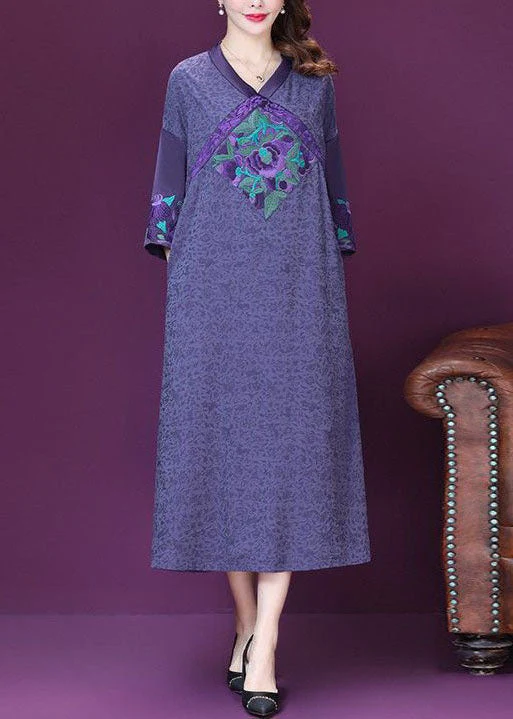 Beautiful Purple Embroideried Patchwork Silk A Line Dresses Bracelet Sleeve - Image 4