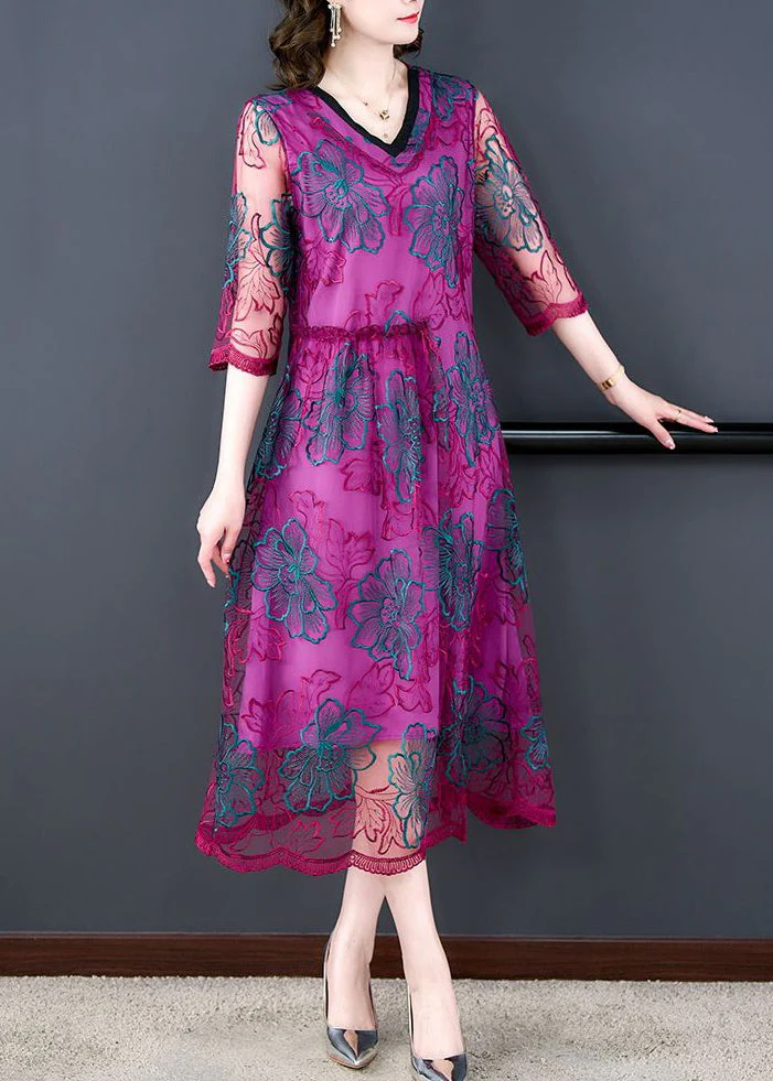 Beautiful Purple Embroideried Ruffled Tulle Dresses Half Sleeve - Image 2
