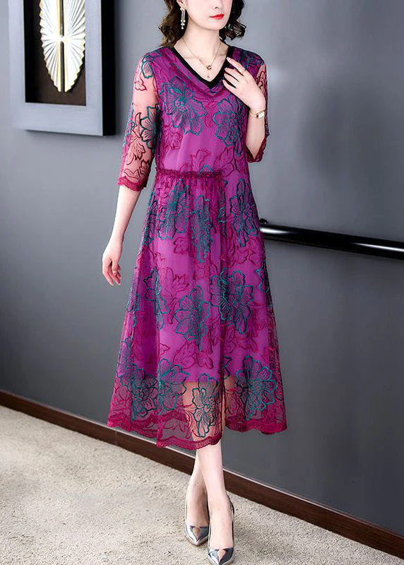 Beautiful Purple Embroideried Ruffled Tulle Dresses Half Sleeve - Image 3