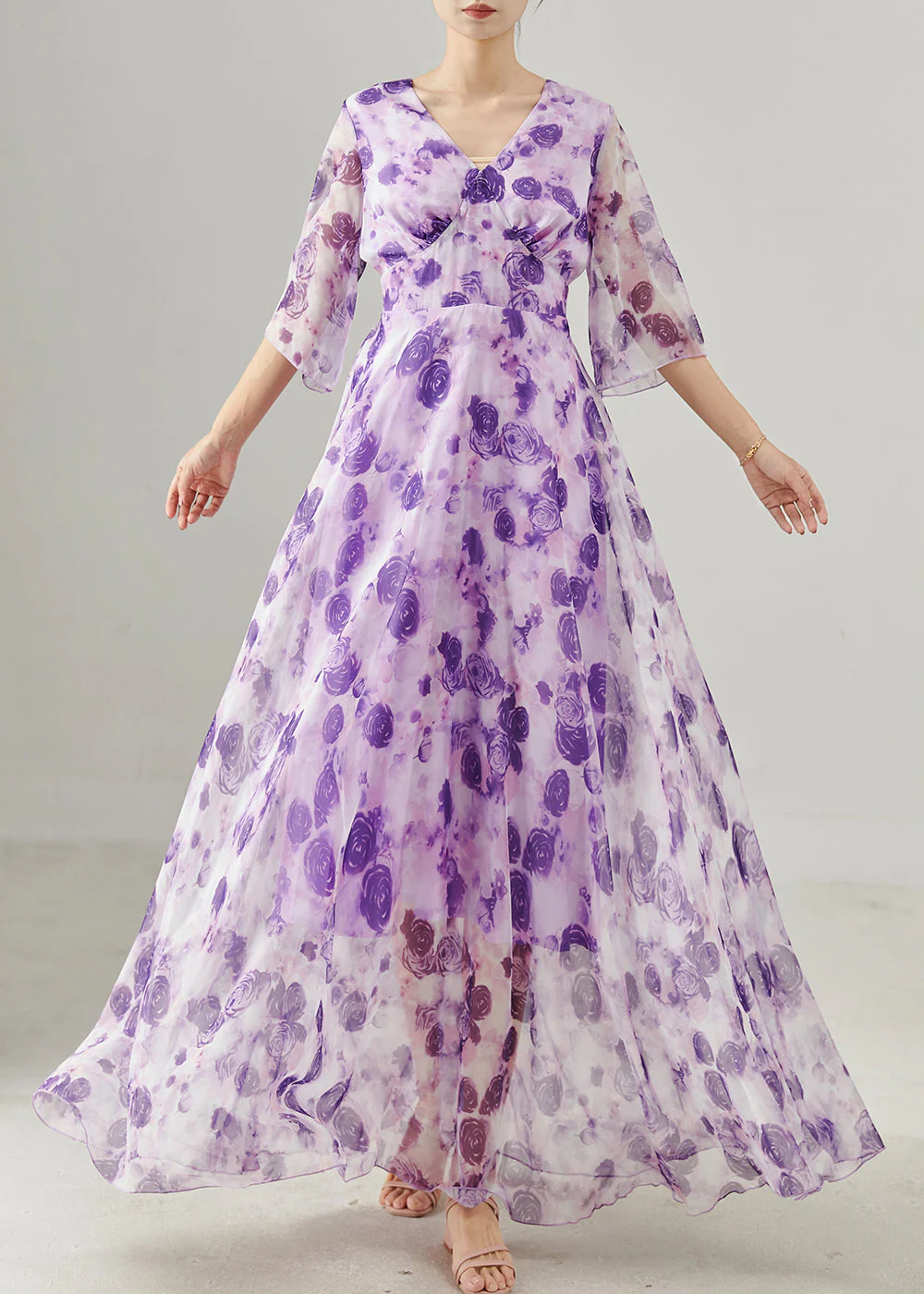 Beautiful Purple Floral Exra Large Hem Chiffon Holiday Dress Summer - Image 2