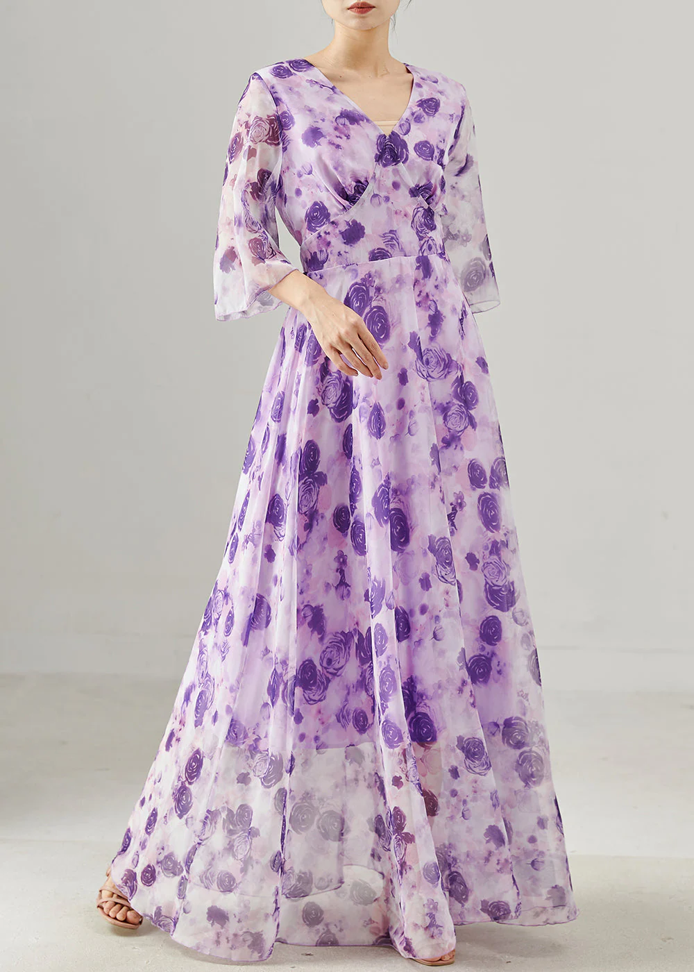 Beautiful Purple Floral Exra Large Hem Chiffon Holiday Dress Summer - Image 3