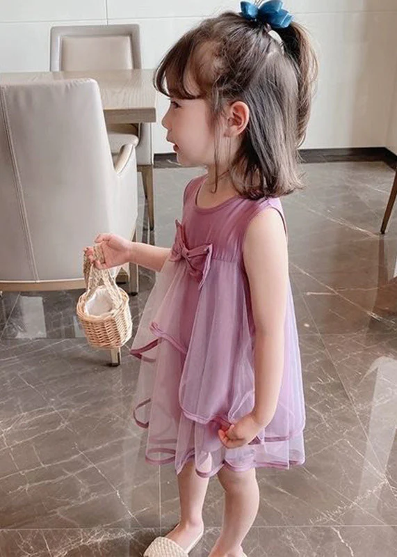 Beautiful Purple O-Neck Bow Patchwork Tulle Girls Mid Dress Sleeveless - Image 2