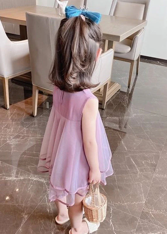 Beautiful Purple O-Neck Bow Patchwork Tulle Girls Mid Dress Sleeveless - Image 3