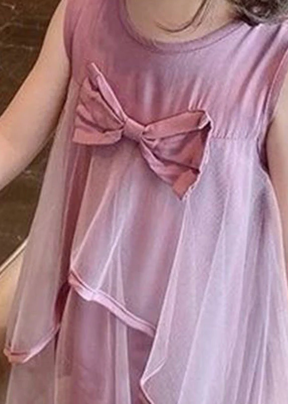 Beautiful Purple O-Neck Bow Patchwork Tulle Girls Mid Dress Sleeveless - Image 4