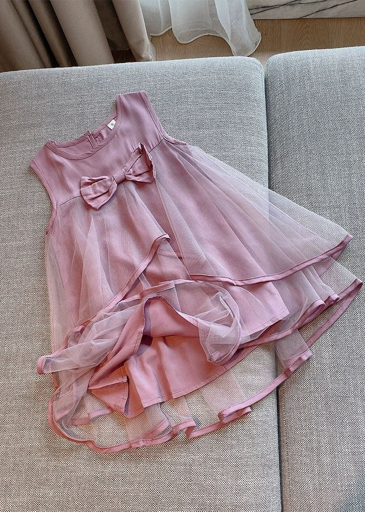 Beautiful Purple O-Neck Bow Patchwork Tulle Girls Mid Dress Sleeveless - Image 5