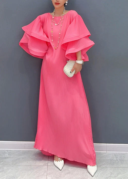 Beautiful Purple O Neck Wrinkled Long Dresses Butterfly Sleeve - Image 2