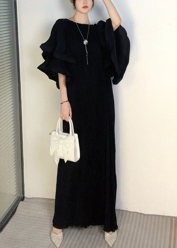 Beautiful Purple O Neck Wrinkled Long Dresses Butterfly Sleeve - Image 3
