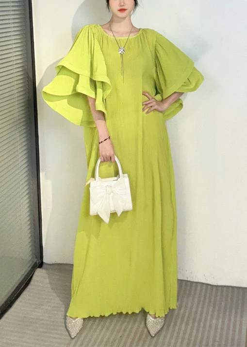 Beautiful Purple O Neck Wrinkled Long Dresses Butterfly Sleeve - Image 4