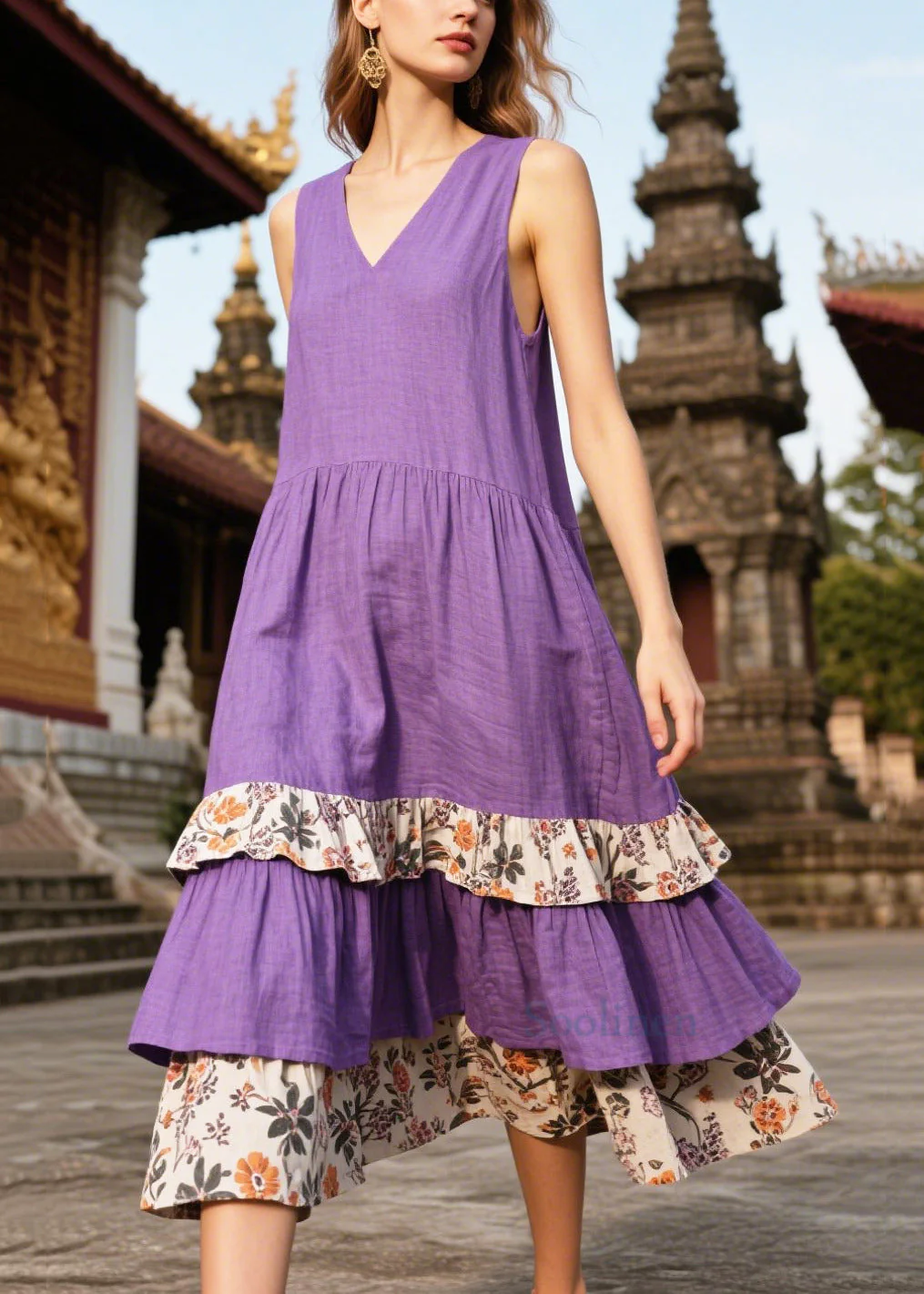 Beautiful Purple Oversized Patchwork Linen Sundresses Summer - Image 3