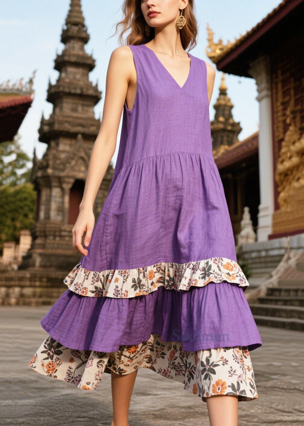Beautiful Purple Oversized Patchwork Linen Sundresses Summer - Image 5