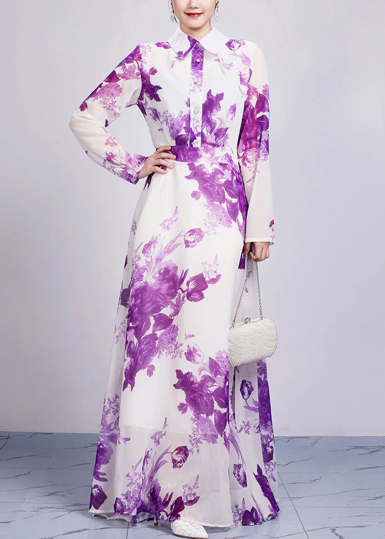 Beautiful Purple Peter Pan Collar Print Chiffon Maxi Dresses Long Sleeve - Image 2