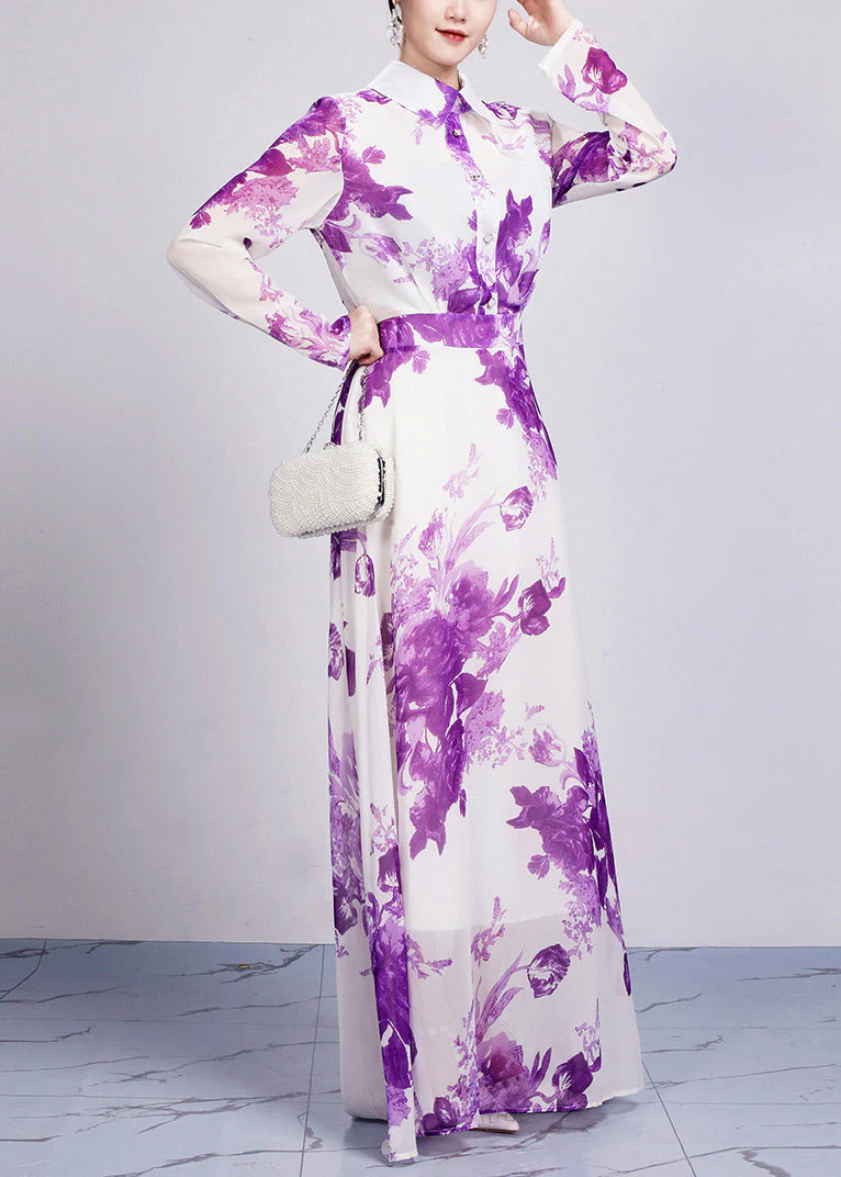 Beautiful Purple Peter Pan Collar Print Chiffon Maxi Dresses Long Sleeve - Image 3