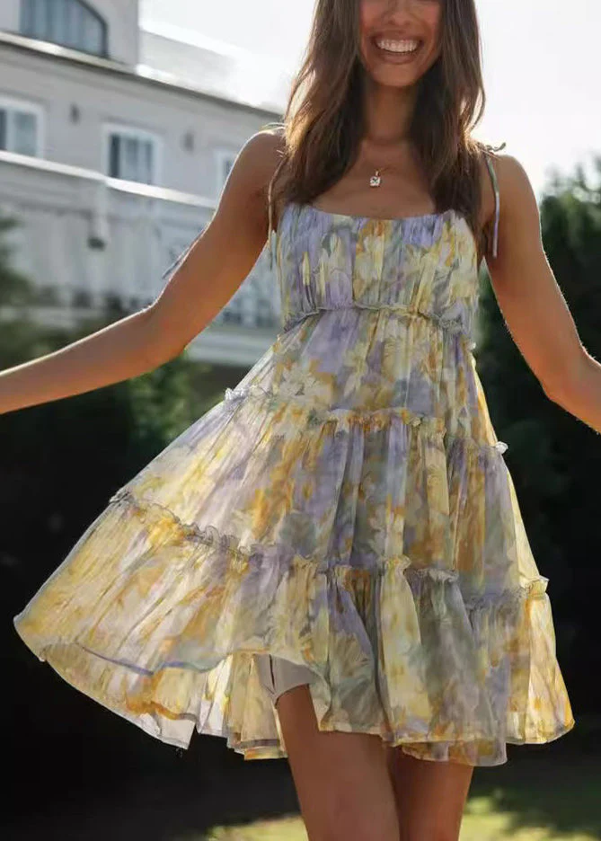 Beautiful Purple Print Chiffon Tea Dress Summer
