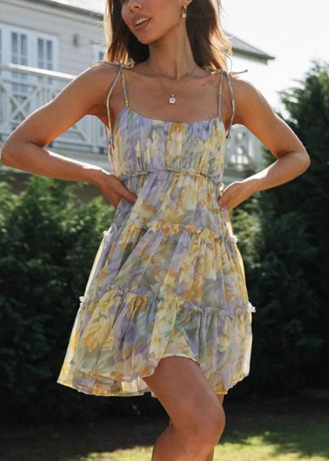 Beautiful Purple Print Chiffon Tea Dress Summer - Image 2