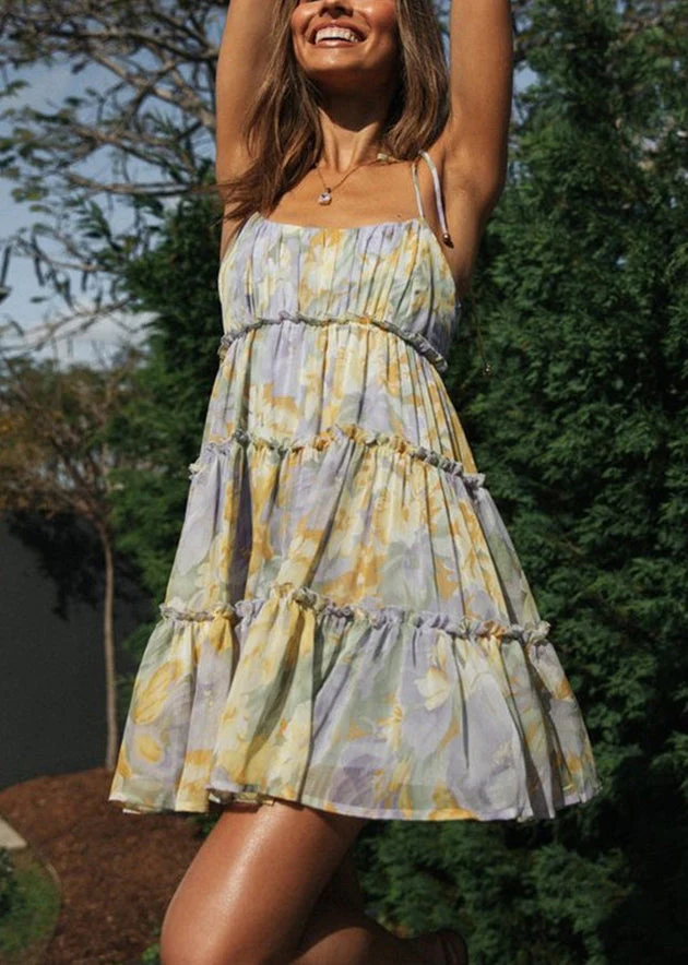 Beautiful Purple Print Chiffon Tea Dress Summer - Image 3
