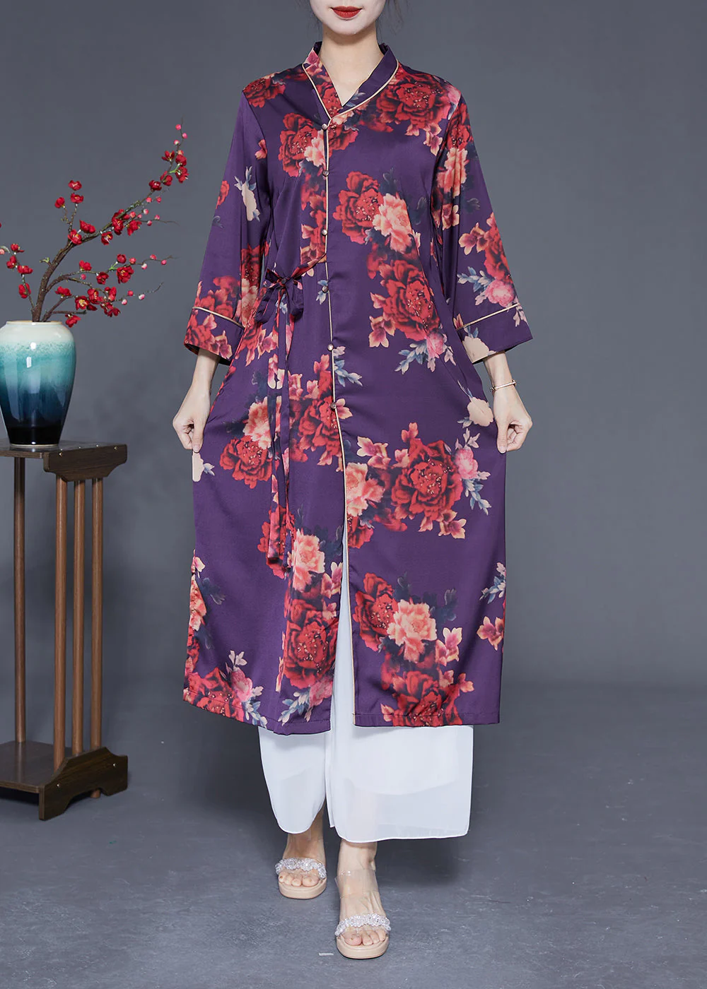 Beautiful Purple Print Lace Up Side Open Silk Long Dress Bracelet Sleeve - Image 2