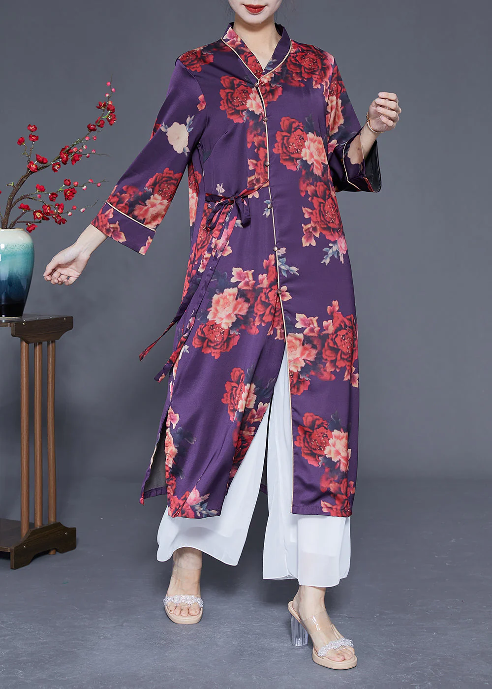 Beautiful Purple Print Lace Up Side Open Silk Long Dress Bracelet Sleeve - Image 3