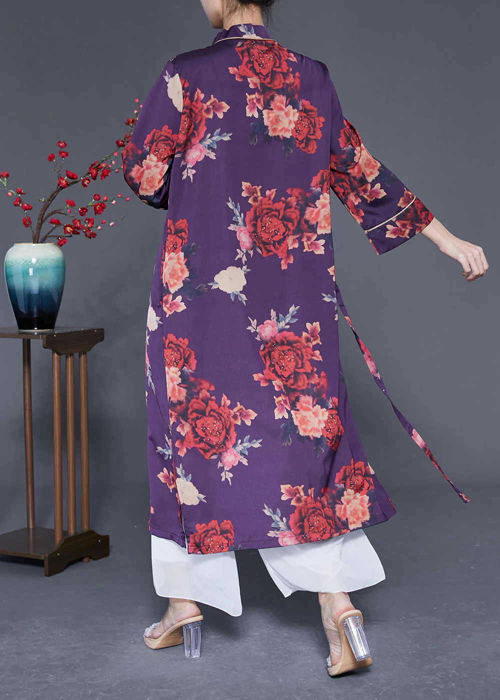 Beautiful Purple Print Lace Up Side Open Silk Long Dress Bracelet Sleeve - Image 4