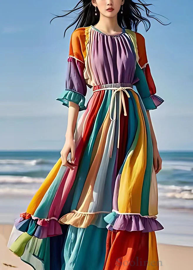 Beautiful Purple Ruffled Lace Up Patchwork Chiffon Dress Half Sleeve - Image 2