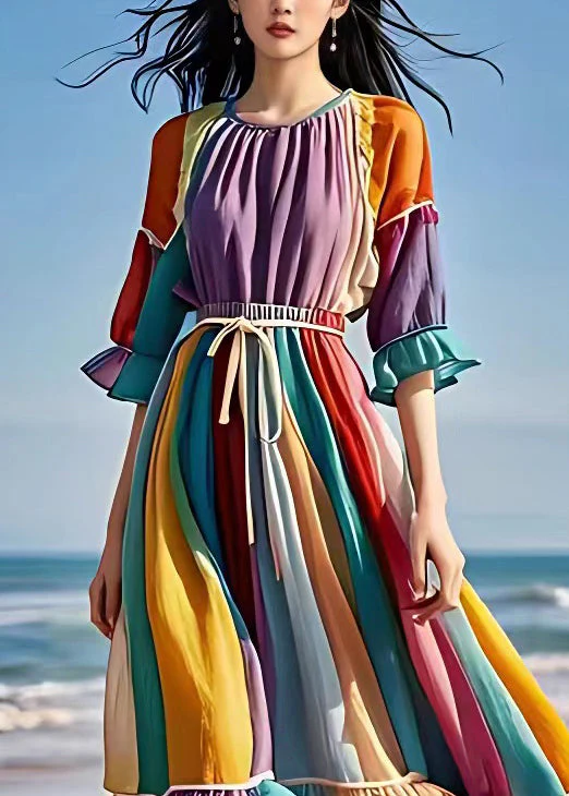 Beautiful Purple Ruffled Lace Up Patchwork Chiffon Dress Half Sleeve - Image 4
