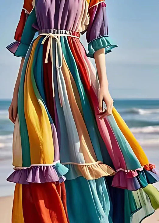 Beautiful Purple Ruffled Lace Up Patchwork Chiffon Dress Half Sleeve - Image 5