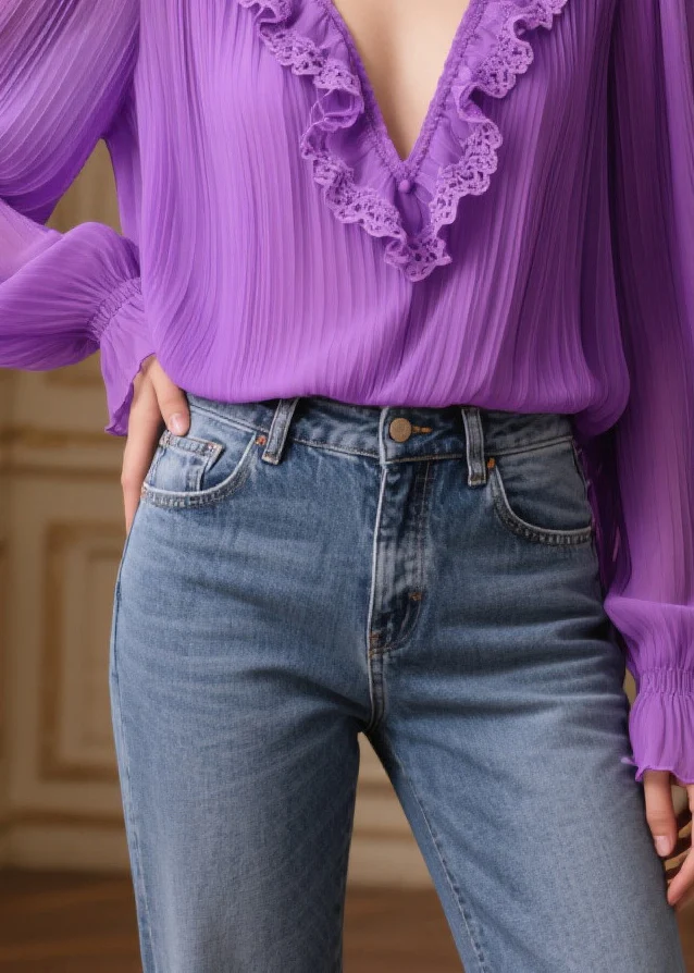 Beautiful Purple Ruffled Patchwork Wrinkled Chiffon Shirt Spring - Image 4