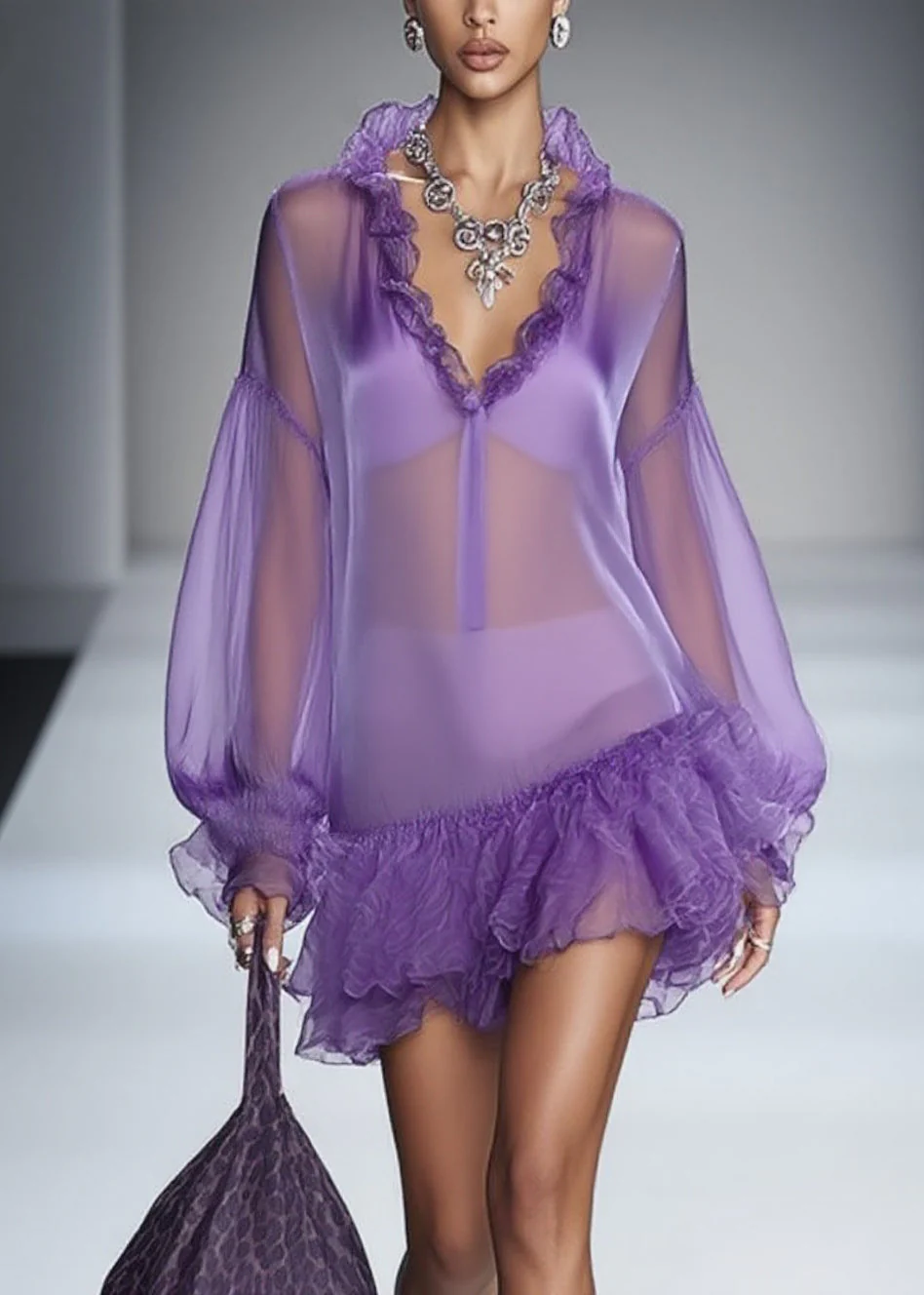 Beautiful Purple Ruffled Solid Tulle Mid Dress Spring - Image 5