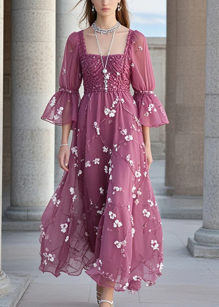 Beautiful Purple Square Collar Print Chiffon Holiday Dress Summer - Image 3