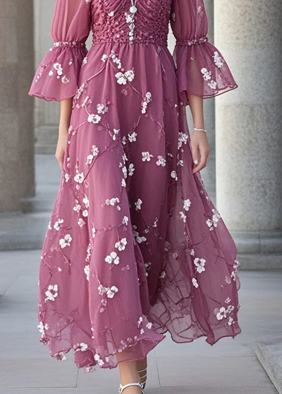 Beautiful Purple Square Collar Print Chiffon Holiday Dress Summer - Image 4