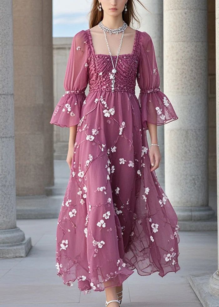 Beautiful Purple Square Collar Print Chiffon Holiday Dress Summer - Image 5