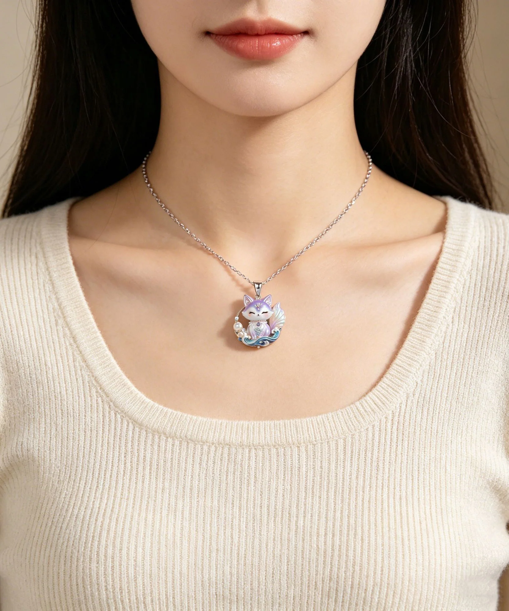 Beautiful Purple Stainless Steel Pearl Enamel Spirit Fox Pendant Necklace - Image 2