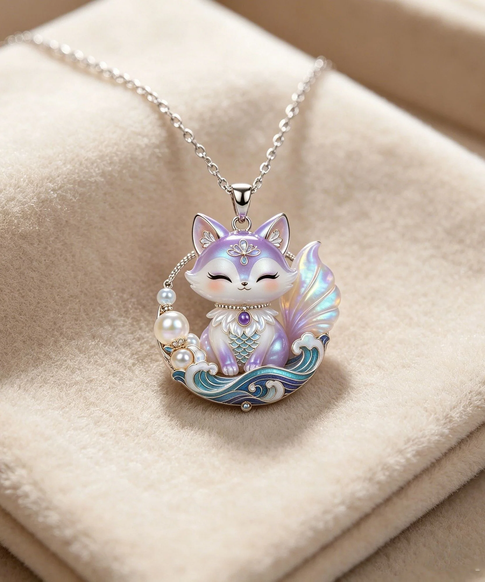 Beautiful Purple Stainless Steel Pearl Enamel Spirit Fox Pendant Necklace - Image 3