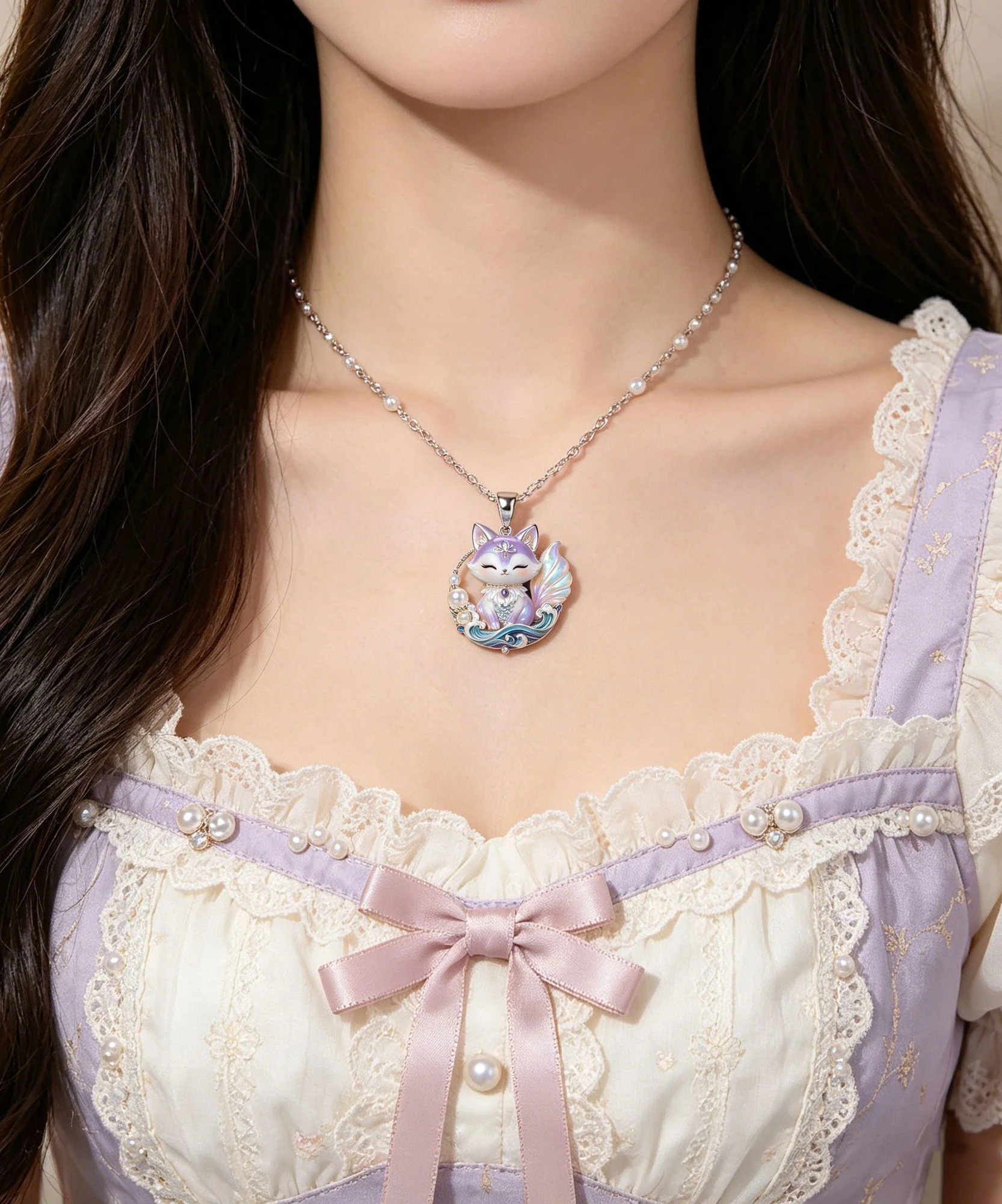 Beautiful Purple Stainless Steel Pearl Enamel Spirit Fox Pendant Necklace - Image 4