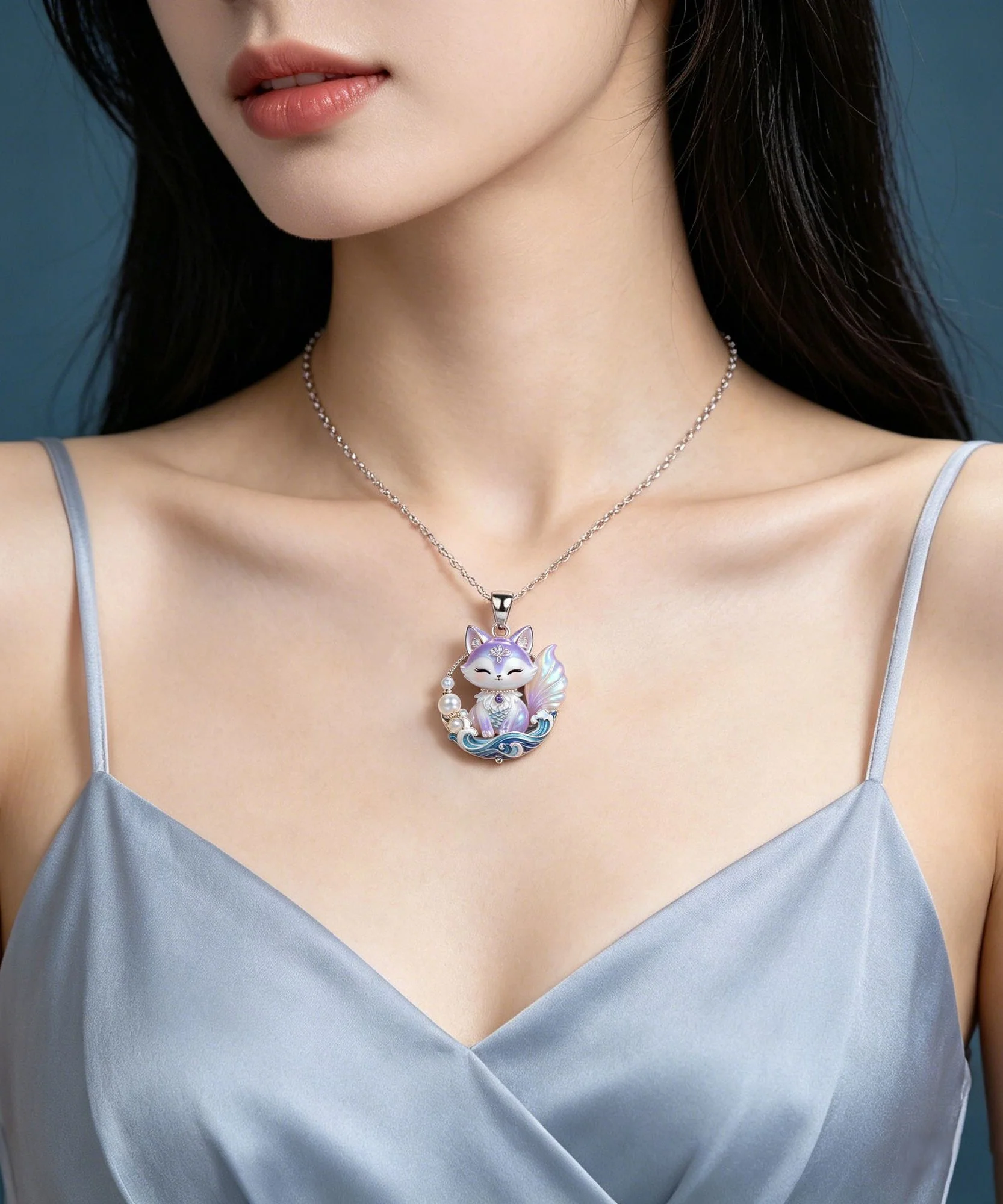 Beautiful Purple Stainless Steel Pearl Enamel Spirit Fox Pendant Necklace - Image 5