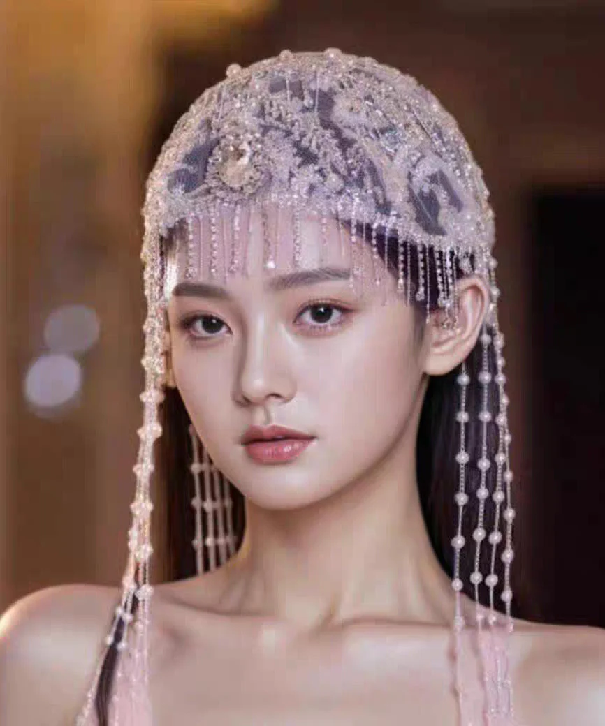 Beautiful Purple Tulle Zircon Hollow Out Beading Tassel Hair Accessory - Image 2