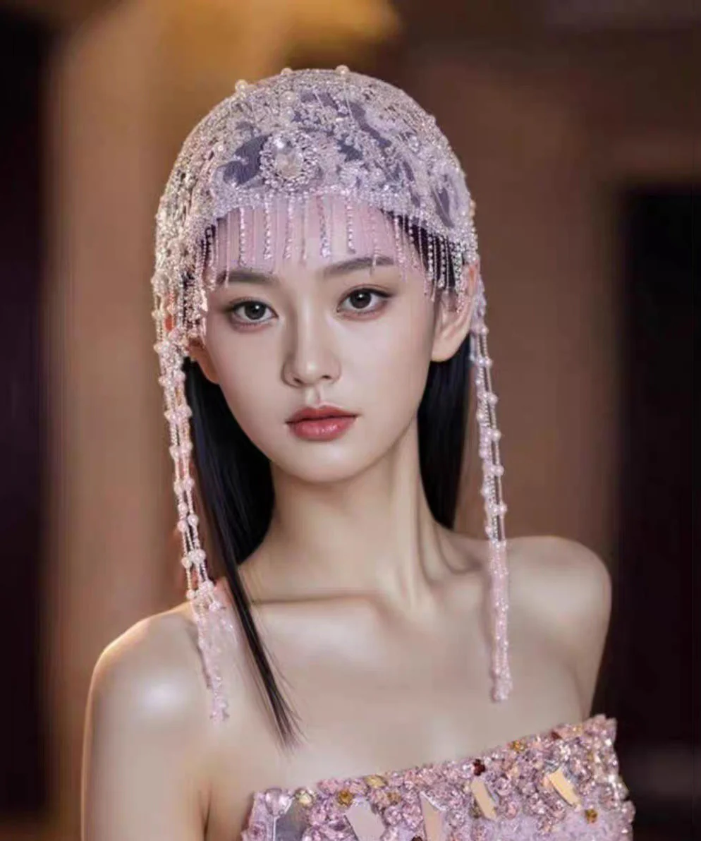 Beautiful Purple Tulle Zircon Hollow Out Beading Tassel Hair Accessory - Image 3
