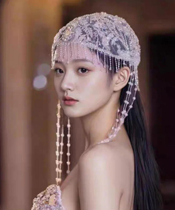 Beautiful Purple Tulle Zircon Hollow Out Beading Tassel Hair Accessory - Image 4