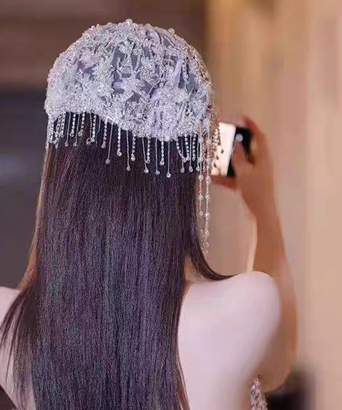 Beautiful Purple Tulle Zircon Hollow Out Beading Tassel Hair Accessory - Image 5