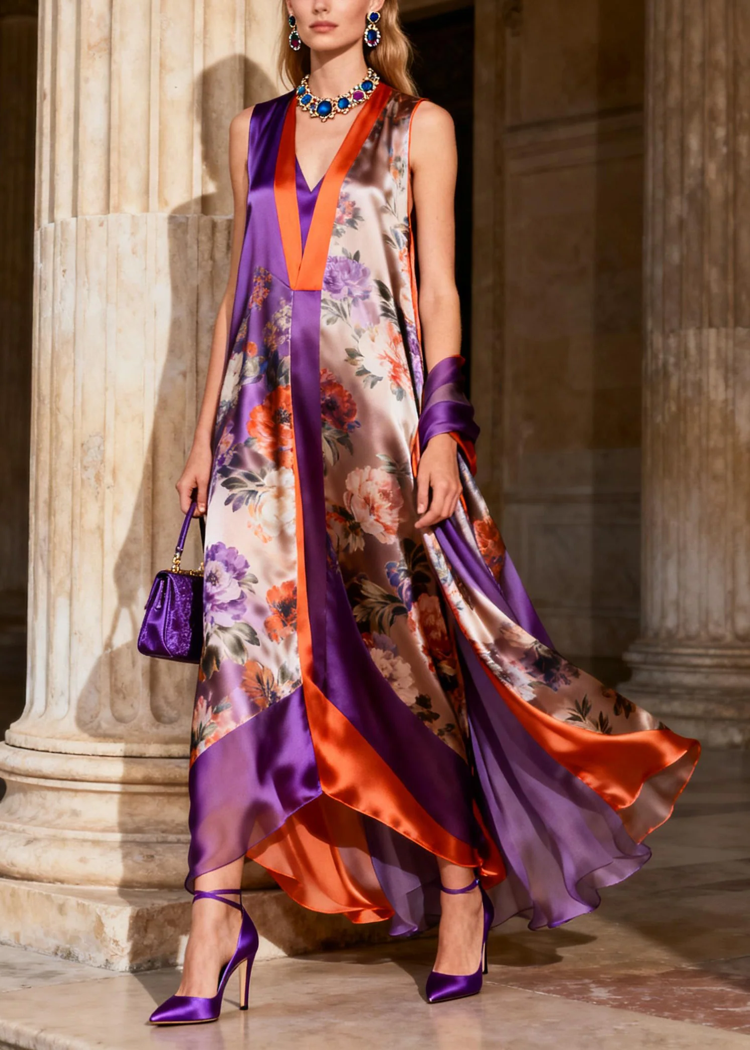 Beautiful Purple V Neck Chiffon Maxi Spaghetti Strap Dresses Summer - Image 3