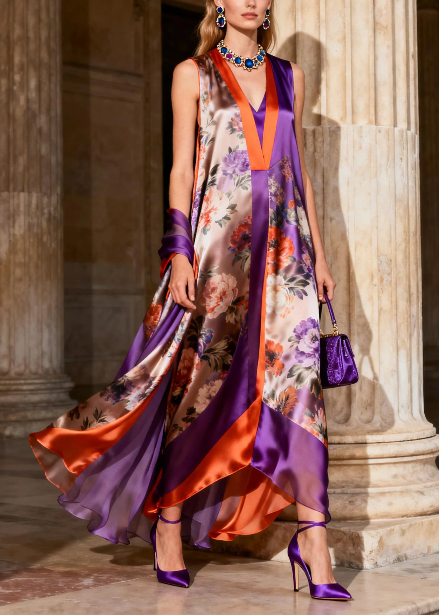 Beautiful Purple V Neck Chiffon Maxi Spaghetti Strap Dresses Summer - Image 5
